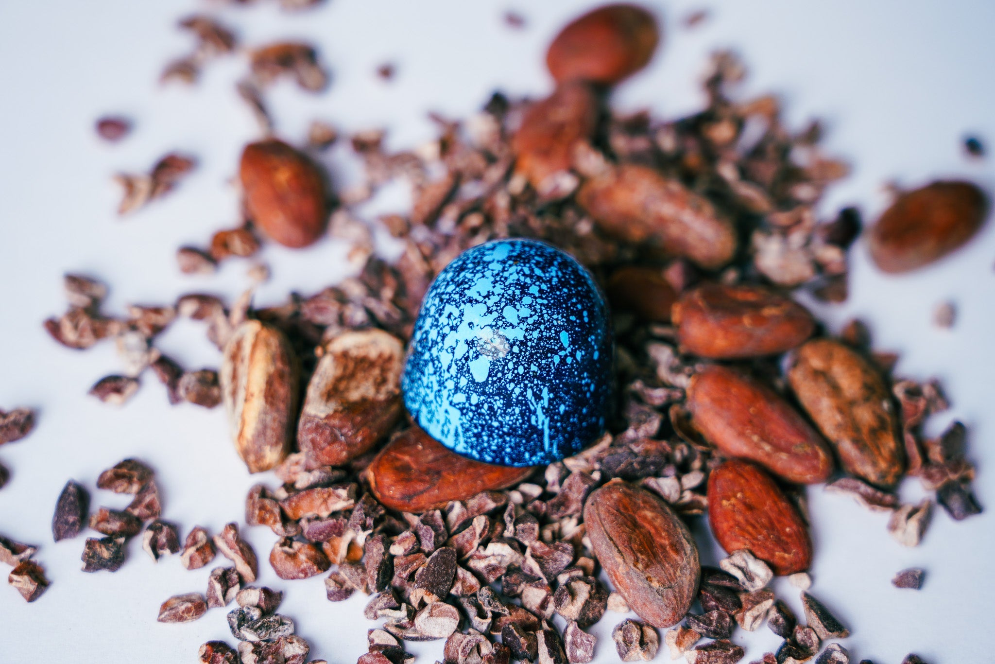 blue bon bon treat with blue splatters on a bed of cacao