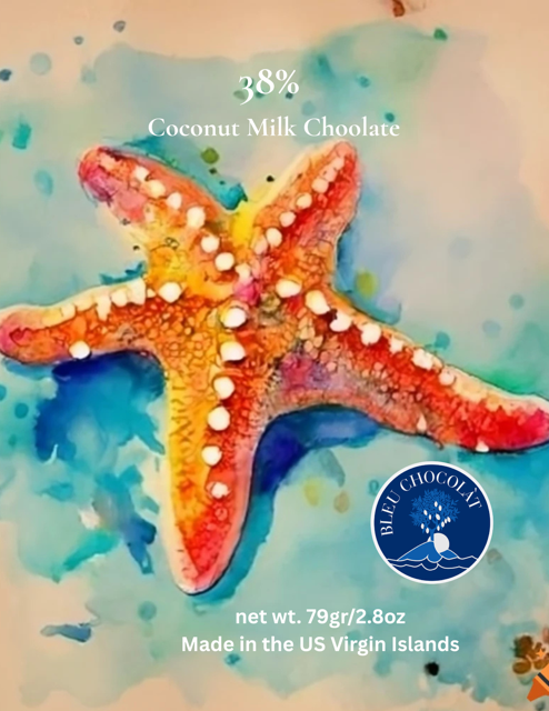 Starfish-shaped chocolate bar with coconut pieces on a colorful background, featuring the Blue Chocolàt logo.