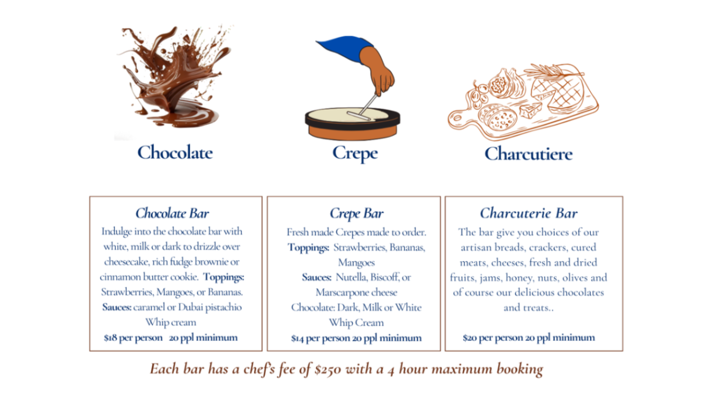Advertisement for Bleu Chocolat dessert bars with illustrations of chocolate, crepe, and charcuterie bars.