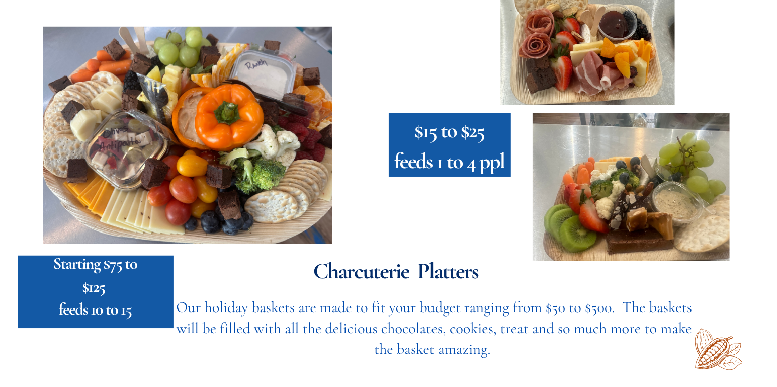 Promotional flyer for custom charcuterie tables and platters with images and pricing.
