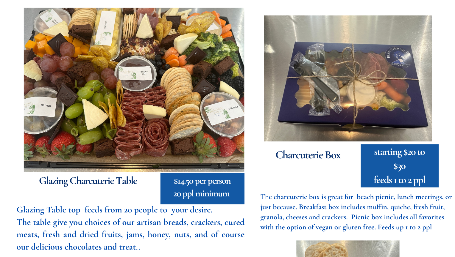 Promotional flyer for custom charcuterie tables and platters with images and pricing.