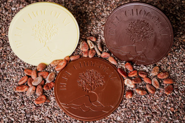 Three chocolate coins with cacao beans on a textured surface