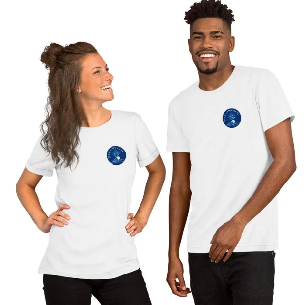 Two people wearing white t-shirts with a Bleu Chocolàt logo on a white background