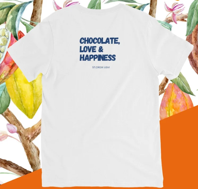 White t-shirt with 'Chocolate, Love & Happiness' text on a colorful floral background
