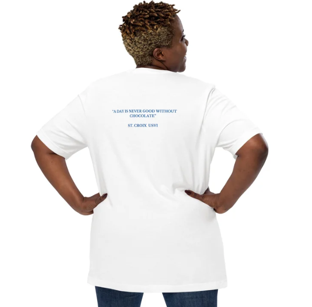 Person wearing a white t-shirt with text on the back, standing against a white background